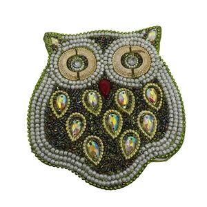 Green Beaded Owl Shaped Notebook Whimsical Iridescent Rhinestone Pearl Journal